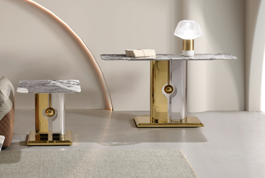 T1029 Luxury Breccia Grey Marble Coffee Table Two-Tone Gold & Silver Stainless Steel Base with Decorative Gold Sphere