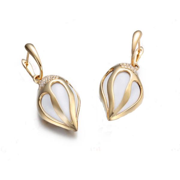 18K Yellow Gold Diamonds  White Agate Drop Pendant Earrings Jewelry (GDSET005)