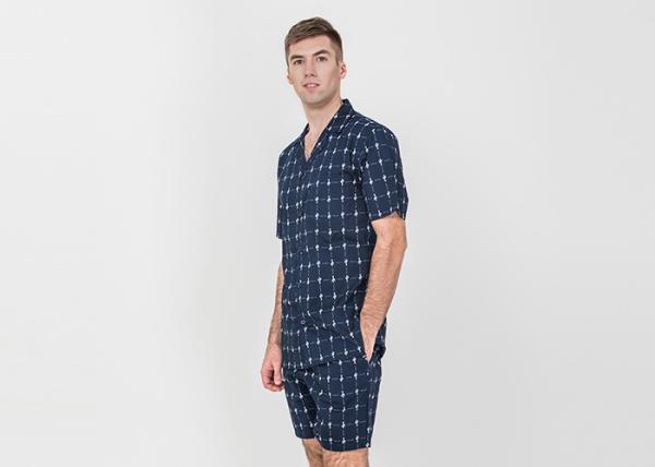 Navy Blue Mens Luxury Sleepwear Button Through Shirt And Short Pants Eco Friendly