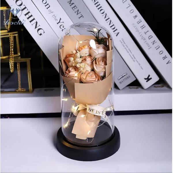 Fabrique en gros Ins artificiel LED fleurs décoratives anniversaire Dôme de verre Rose Bouquet Saint-Valentin Rose de savon de qualité