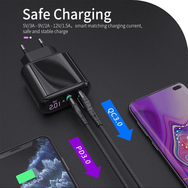 エッサジャー 2021 輝くLEDディスプレイ 3A 急速充電 USB型充電ケーブル USB PD QC3.0 携帯電話充電器