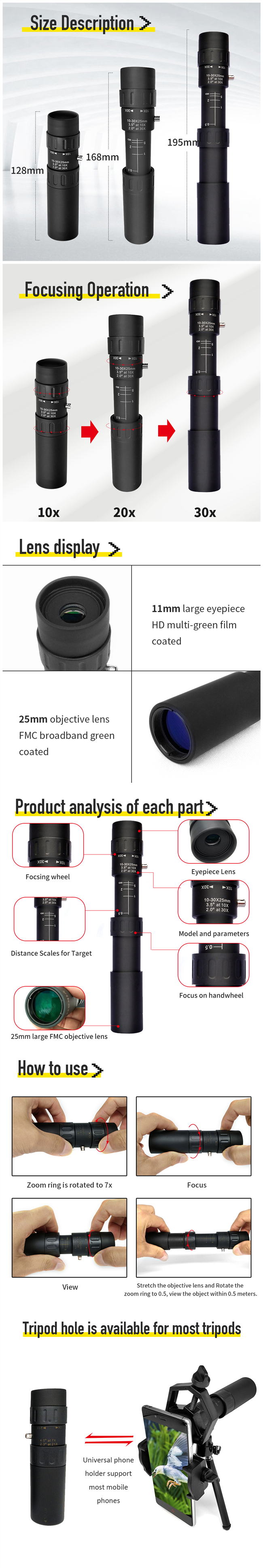 Мини черная Monocular тренога телескопа 10-30X25 для располагаться лагерем/рыбная ловля/пешего туризма