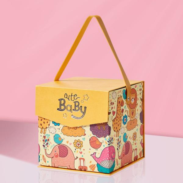 Cartoon flip gift box with artificial leather handle baby shower birthday gift packaging boxes