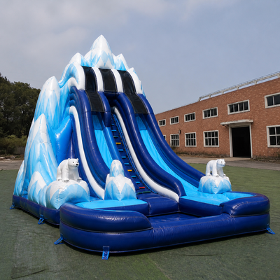 Commercial Polar Expedition Dual Lane Inflatable Slide with Ice Mountain Theme High Side Walls and Landing Pool