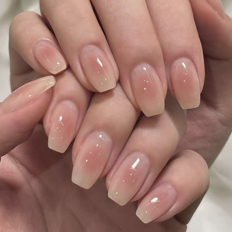 CE Glossy Surface Pink Ombre Fake Nails Natural Blush Effect