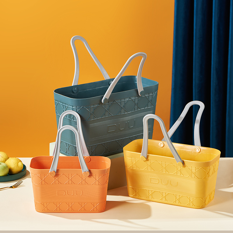 Square Plastic Grocery Basket Soft Handle Multicolor Small Storage Organizer for Picnic Shopping Clutter