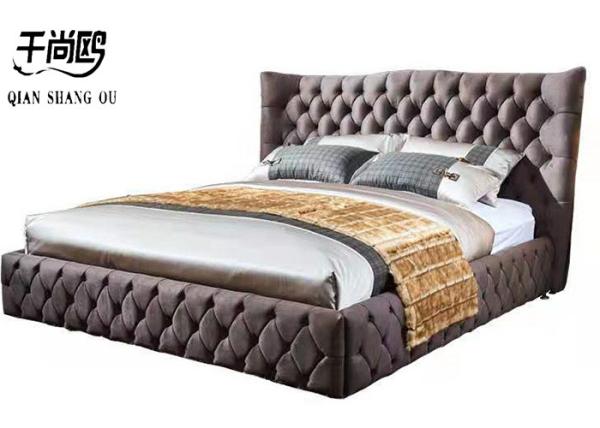 American Style Brown Leather Velvet Fabric Bed , Wooden Frame King Size Bed