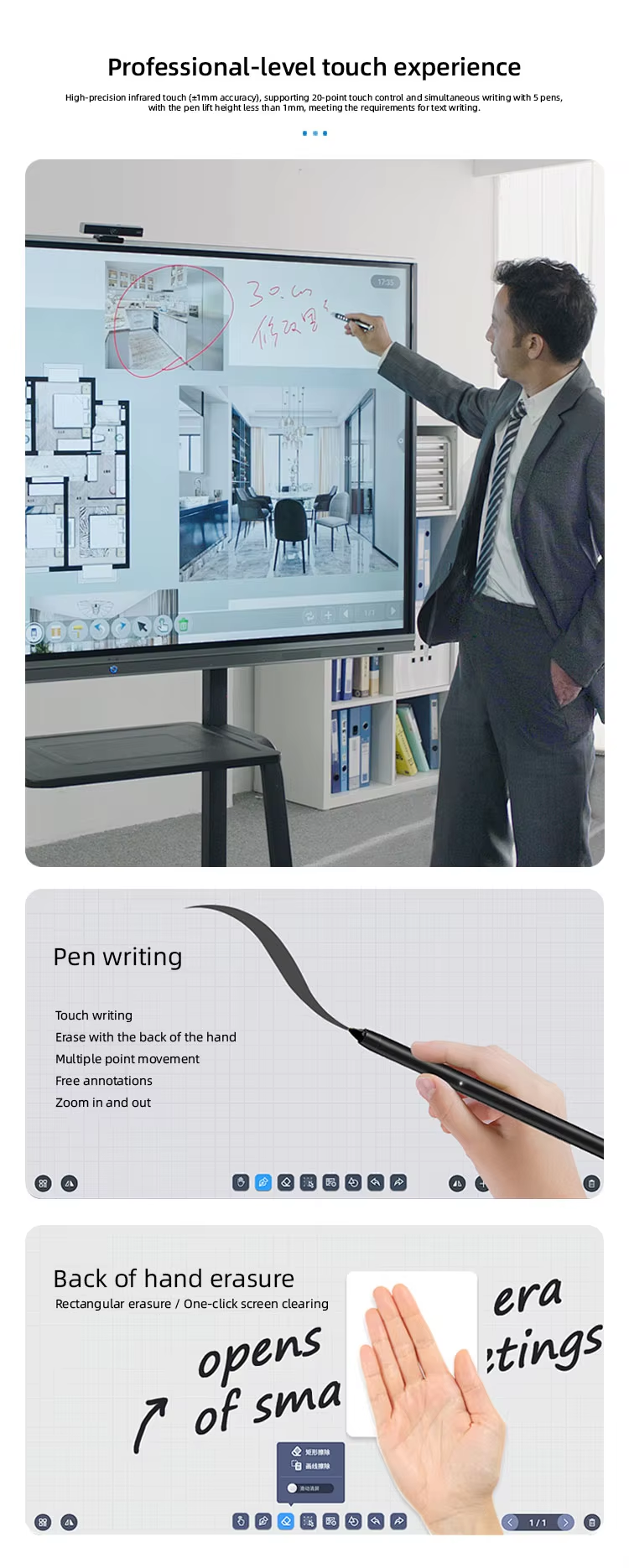 Digital Interactive Whiteboard Classroom Display Touch Screen 4K LCD Smart Board Android 13 OS 40-Point Touch Aluminum Frame