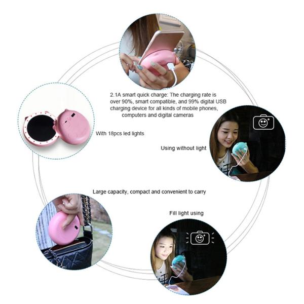 Portable Pocket Mirror Power Bank  2000mAh USB Touch Switch Adjustale LED Light