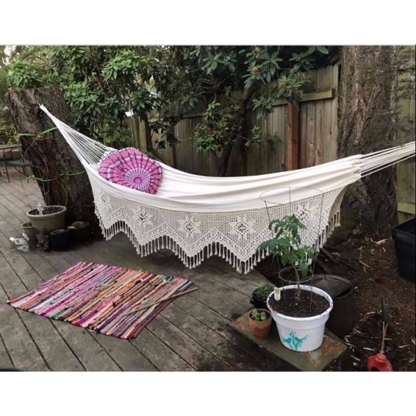 Cotton Woven Balcony 2 Person Nylon Hammock Weave Patio Chair With Crochet Fringe