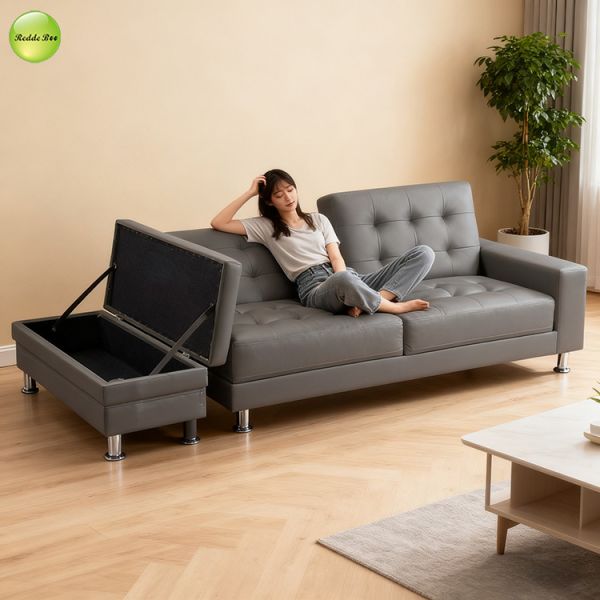 Multi-Functional PU Leather 3-Seater Sofa Bed with Storage Ottoman Space-Saving Sectional Sofa Convetible Sleeping Foldable Sofa Bed