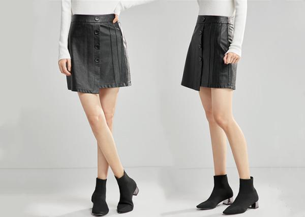 Black PU Skirt Ladies Dress Skirt Short Style Pleather Slim Dress button through Placket