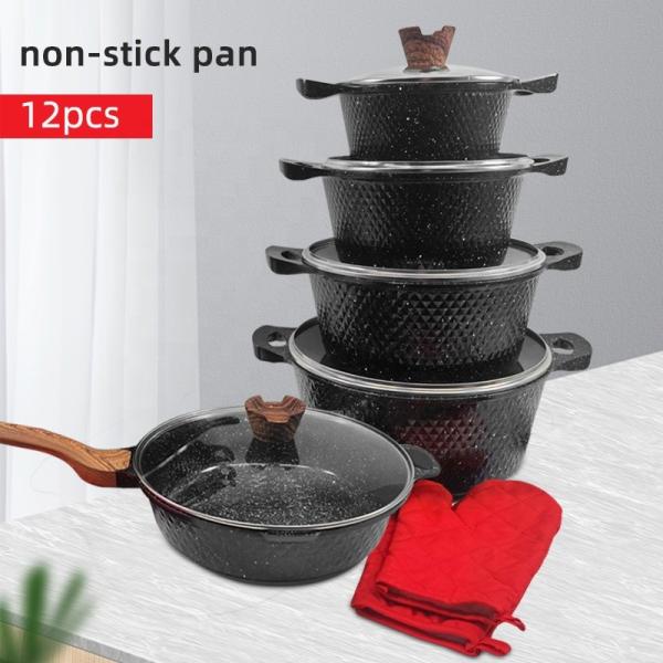 12Pcs Black Kitchen Ware Set Aluminum Nonstick Cookware Cooking Pot Sets