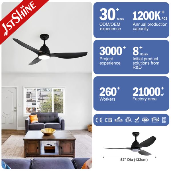 52 Inches Matte Black Modern Ceiling Fan with LED Light and Silent DC Motor