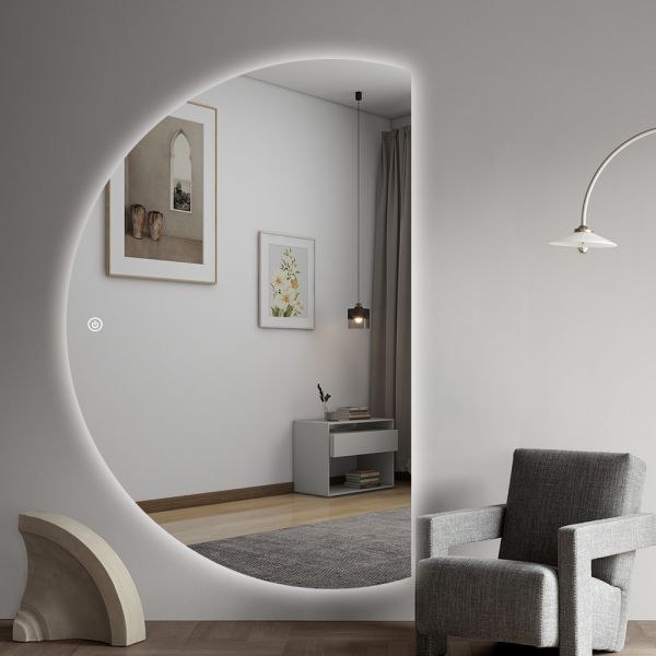 Artistic Irregular Shaped LED Mirror Anti Fog Half Circle Bathroom Mirror With