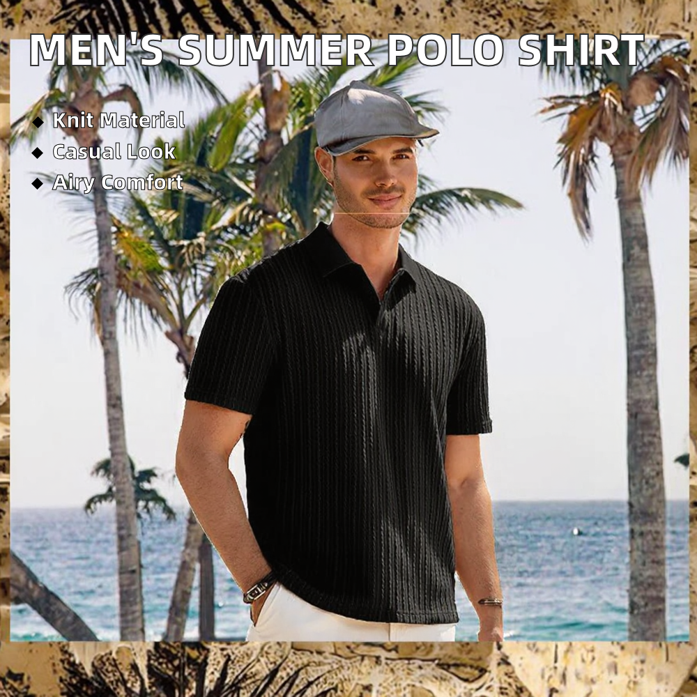 Men's Casual Summer Short Sleeve for Polo Shirt Button Breathable Geometric Pattern 100% Polyester Knit Stretch Golf Shirt for