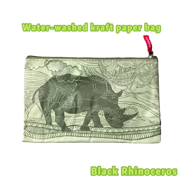 Washable Kraft Pouch – Dark Olive Green Black Rhinoceros – Reusable Eco Travel