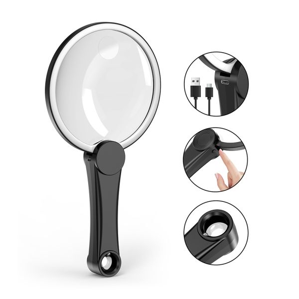 Handheld LED Magnifier with 3X/5X/8X Magnification and 49 LED Illumination for