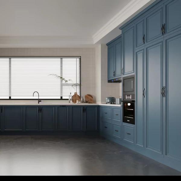 Melamine Solid Wood Laminate Blue Gray Kitchen Cabinets Scratch Resistant Traditional Cabinets Kitchen