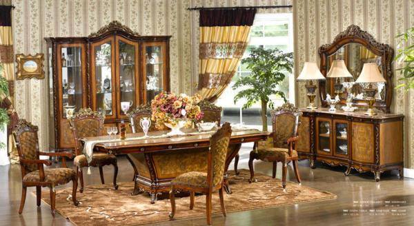 Wooden Carved Flower 6 Seater Dining Table And Chairs ISO14001 European Antique