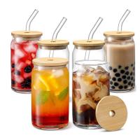 16oz espaço livre Mason Soda Juice Glass Jars com tampas de bambu e palha de vidro