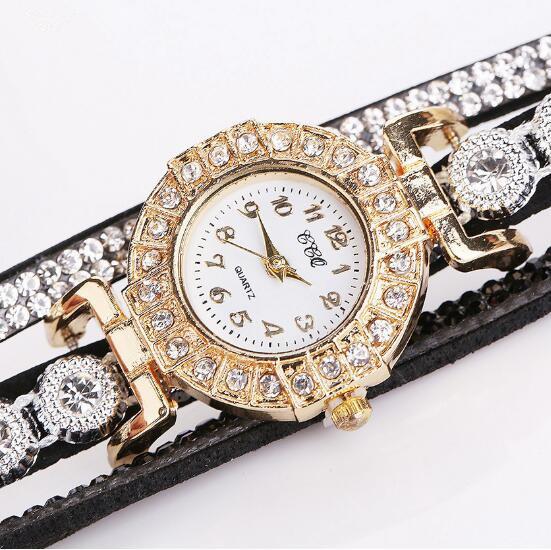 Ladies Fashion Long Strap PU Leather Belt Diamonds Wrist Band Watch
