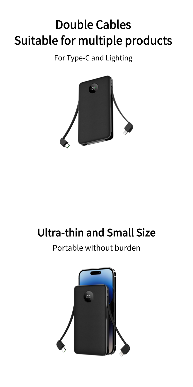 Besiter Portable 10000mAh Fast Charging Power Bank with LED Display and Cables
