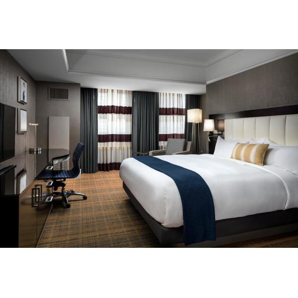 laminated Oak wood Hotel bedroom Furniture sets Tall headboard with Fabric upholstered padded and TV units Contemporary