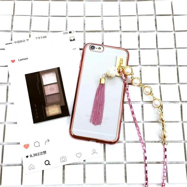 Soft Plating TPU Korea Style Luxurious Pearls Tassel Metal Lanyard  Cell Phone Case Back Cover For iPhone 7 Plus 6s