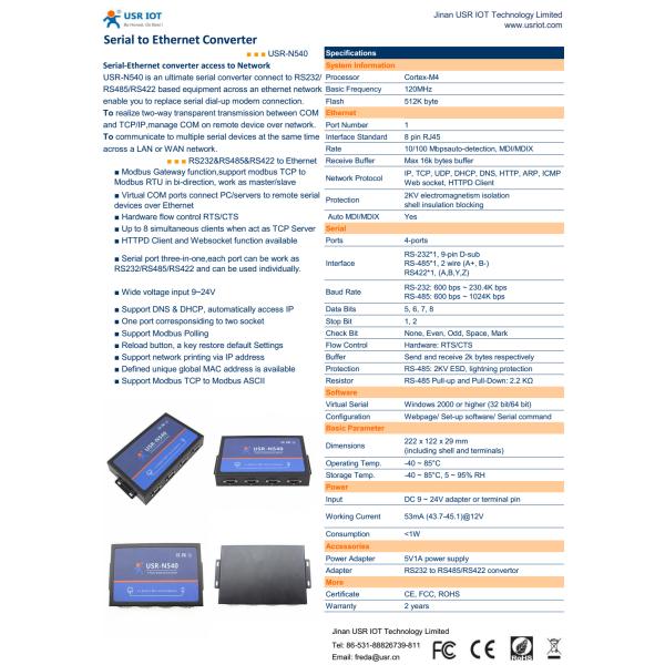 [USR-N540]  4 Serial Port Ethernet converter,  Modbus gateway RS232 RS485 RS422 to TCP/IP converter