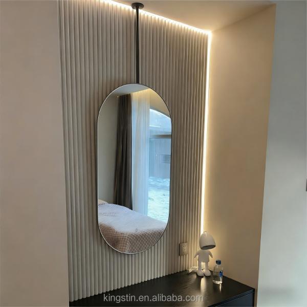 Kingstin Custom Stainless Steel Ceiling Mounted Oval Bathroom Mirror, Hanging Vanity Mirror for Hotel & Villa