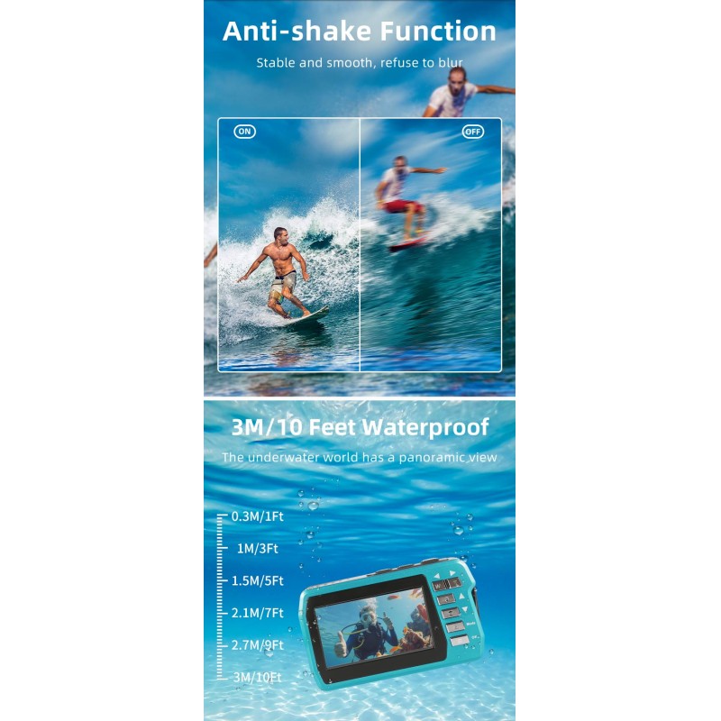 4K Waterproof Digital Camera 56MP Dual Screen 18X Zoom 10FT Underwater Camera for Diving Snorkeling Sports Camera