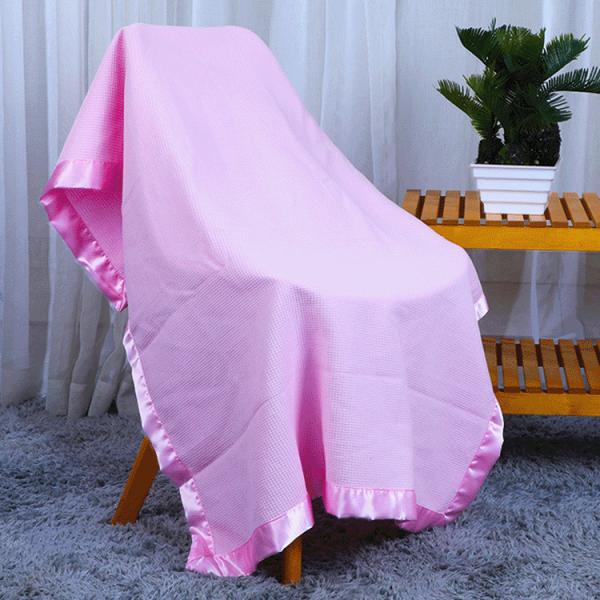 Pink Cozy Satin Trim Soft Newborn Blanket 2in Waffle Stitch Cotton Throw Blanket