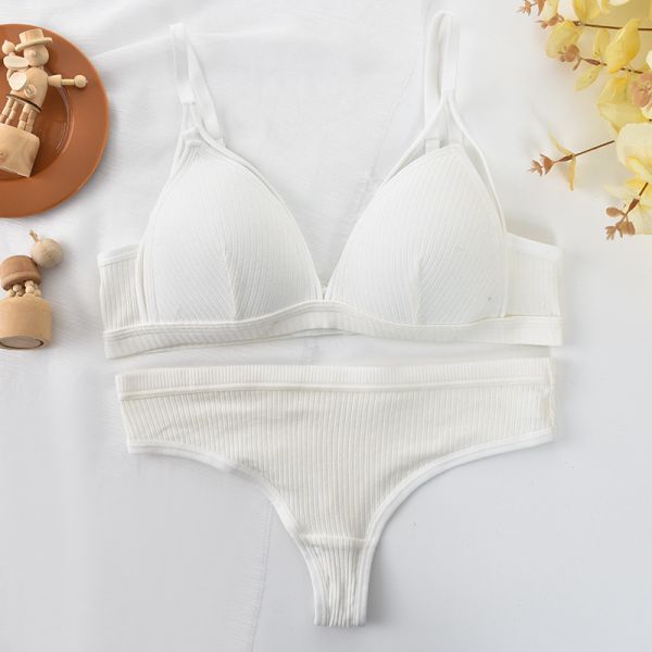 Wholesale High Quality New Fashion Bra With Thong Panty Set Cotton Quality Breathable Wire-Free Pad Adjusted Straps Bra