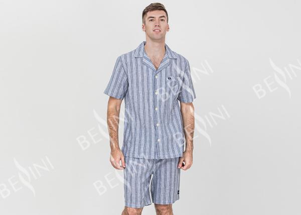 Anti Pilling Mens Luxury Sleepwear Woven Cotton Linen Yarn Dyed Pajamas Shorts