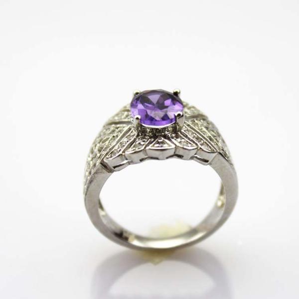 Solid 925 Silver Ring with 7x9mm Oval Created Amethyst Cubic Zirconia(JY037)