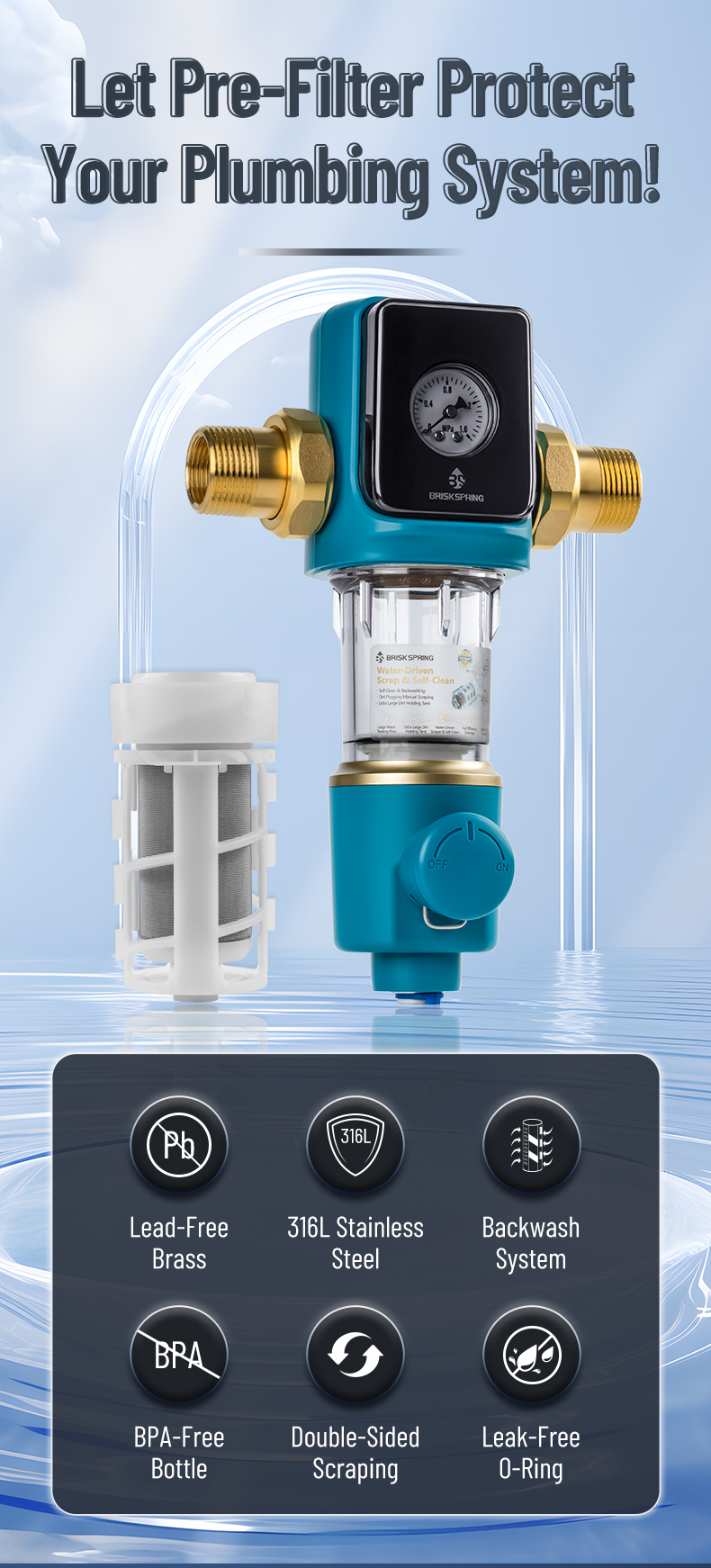 Tenth-Generation Whole-House Water Pre-Filter with 40 μm Filtration Accuracy, Water-Driven Scraping, and Reusable Mesh Filter