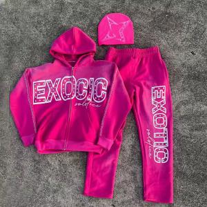 Custom Acid Washed Tracksuit Distressed Rhinestone Zip up Hoodie and Sweatpants