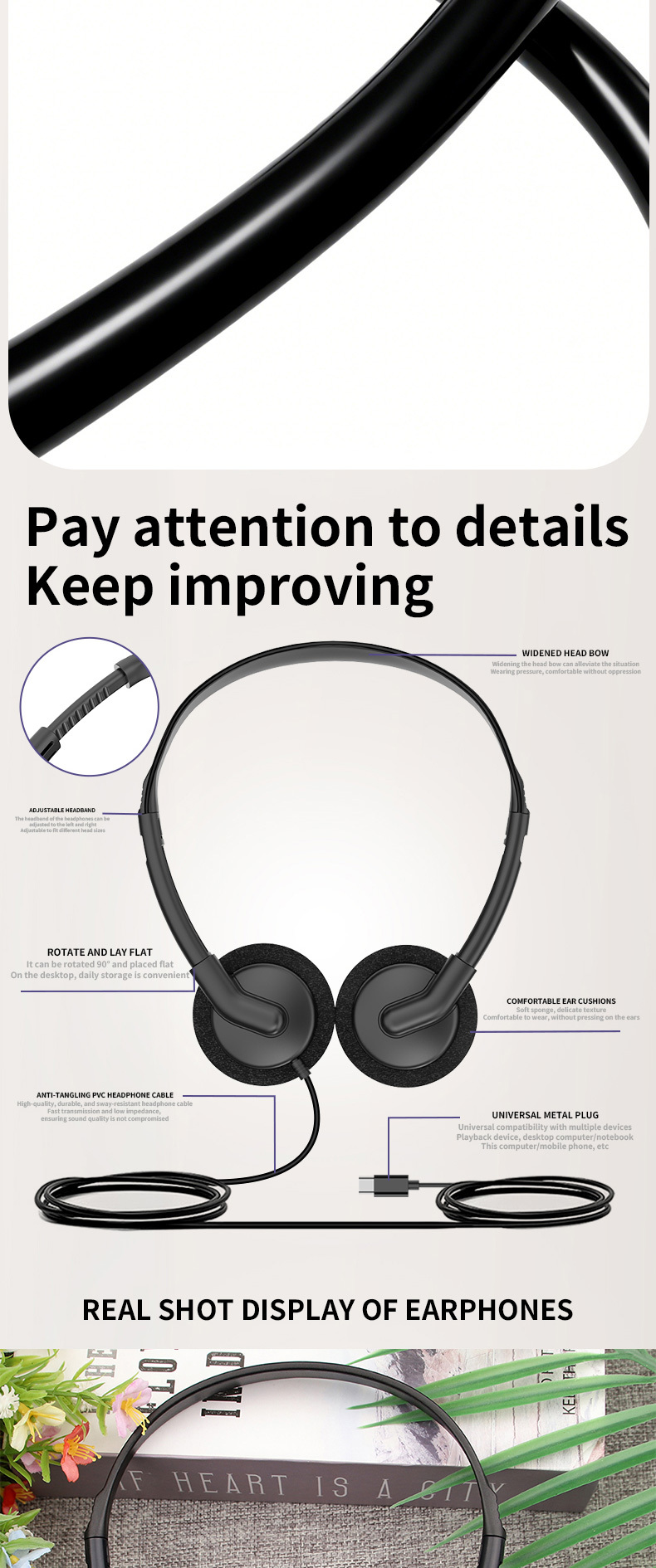 JTY-0121 Wired Head Mounted Headphones 3.5mm/Type-C Plug Lightweight Headphones Comfortable Earcups Stereo Audio Headphones Suitable for Aviation/Train/Classroom/Office/Museum OEM/ODM Customization
