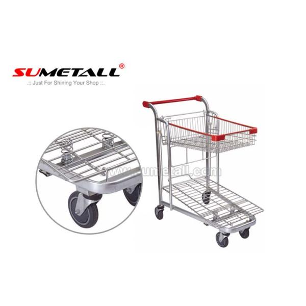 Strong Metal Supermarket Shopping Trolley Cargo Trolley With 2 Layer