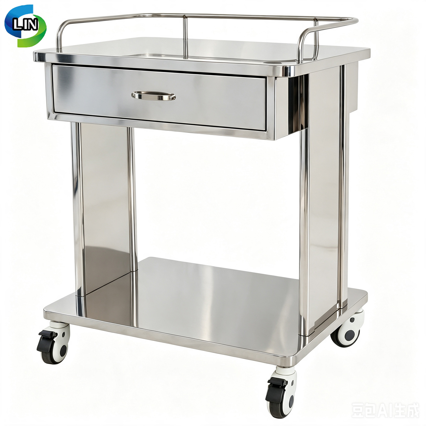 Stainless Steel Inner Frame Medical Treatment Cart with 3 Sides Guardrail and Independent Brake