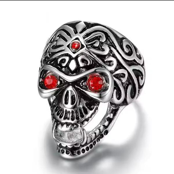 Vintage Flower Carved Stainless Steel Men's Ring with Red Crystal Eye and Halloween Party Accessory