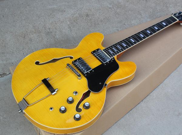 Custom Yellow Semi-hollow Body Electric Guitar with Flame Maple Veneer,Rosewood Fretboard