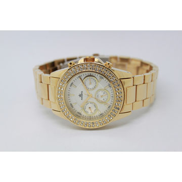 Multifunction Ladies Gold Watches With Diamonds On Bezel , Fashion Watches For Women