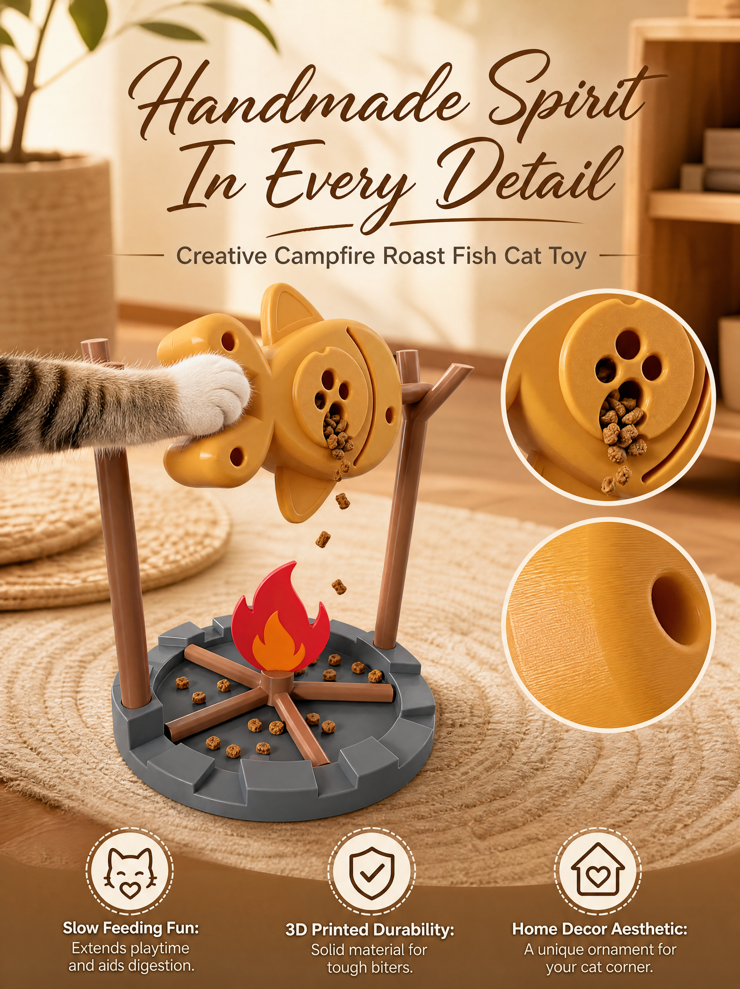Simulated Barbecue Fish Slow Feeder Toy, Interactive Play 3D Printed Pet Accessories For Indoor Cats