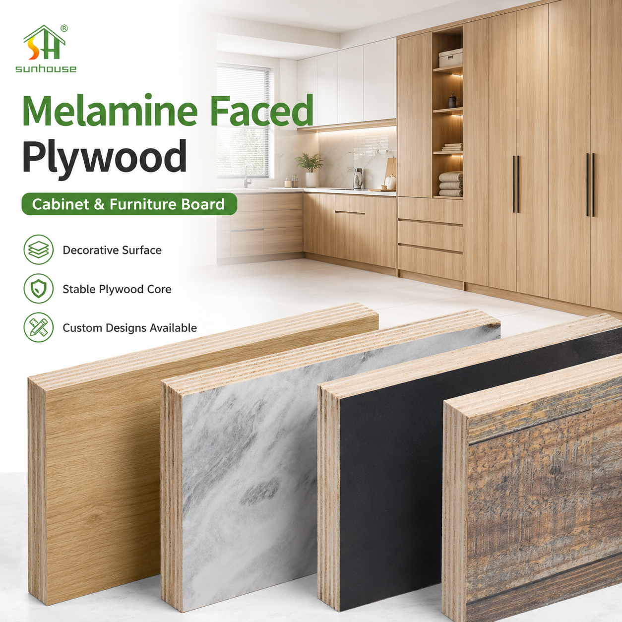 Low Emission Melamine Decorative Plywood Furniture Grade Panel for Cabinets Wardrobes Interior Joinery and Project Supply