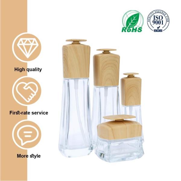 Transparent Glass Cosmetic Bamboo Bottle Bamboo Cosmetic Jar Set With Bamboo Lids