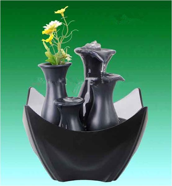 Black Tiered Battery Operated Resin Garden Fountains With Flower Pot