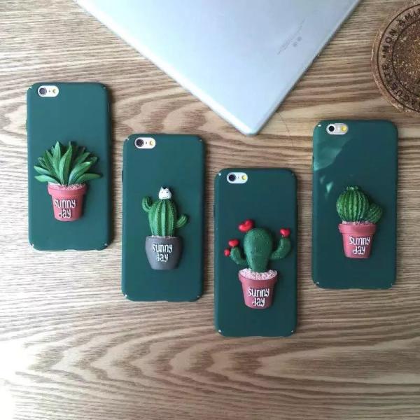 Hard PC DIY Green Cactus Potted Plant Pasted Cell Phone Case Cover For iPhone 6 6s Plus