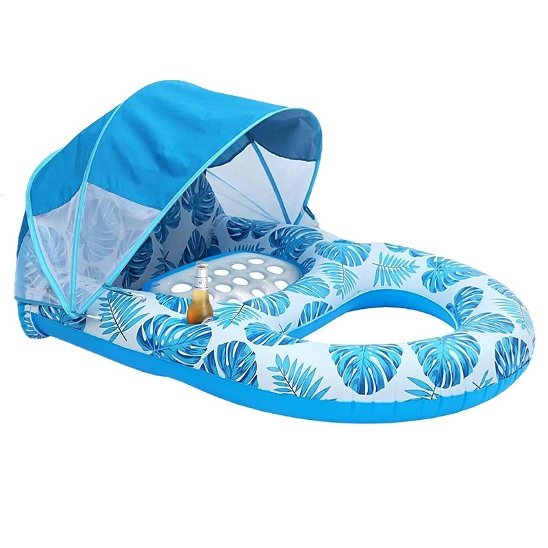PVC Inflatable Sunshade Floating Bed Canopy Pool Lounge Chair Detachable Floating Raft Backrest Hollow-Design for Beach Water